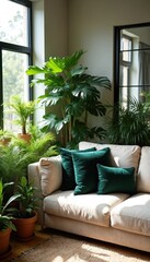 Modern living room design with lots of green plants. Rich potted plants like monsteras ferns, succulents decorate room. Sunlight streams through large windows creating bright, airy space. Cream