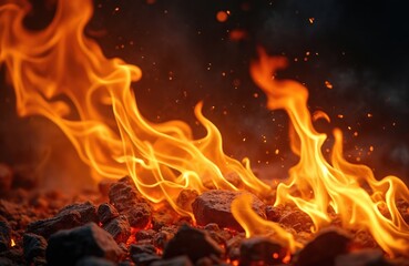 Fototapeta premium Fiery flames blaze intensely on dark background. Orange, yellow fire dances in abstract patterns. Burning coals glow beneath dynamic flames. Close-up view of intense heat. Abstract fire texture ideal