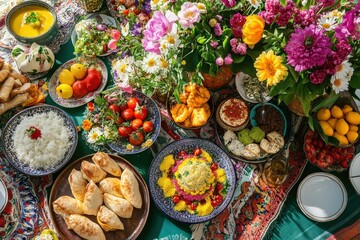 Fototapeta premium A bright and colorful Nowruz celebration featuring sabzi polo, flowers, and a haft-sin table