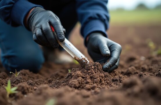 Scientist in black gloves examines soil sample using test tube in paddock. Research on soil health, biology takes place in Australian farm field. Spring season. Agronomist analyzes soil fertility,