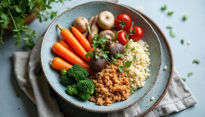 Healthy meal with black garlic garnish. Fresh vegetables like carrots, broccoli. Grains on modern plate. Indoor setting. Ready to eat. Homemade dish. Lunch dinner. Healthy lifestyle concept. Food,