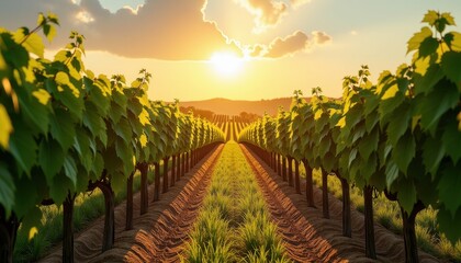 Fototapeta premium Golden Sunset Vineyard Under a Bloom of Colors and Rolling Hills