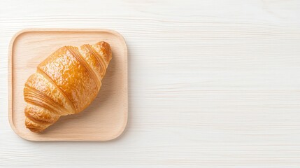 Delicious Croissant on Wooden Plate with Light Background