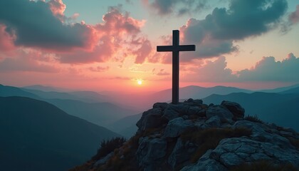 Crucifix on mountain peak at sunset. Vivid colors in sky, mountains. Religious symbol of faith. Peaceful scene. Inspirational. Heavenly. Spiritual. Mountaintop. Nature. Hope. Grace. Beauty. God.