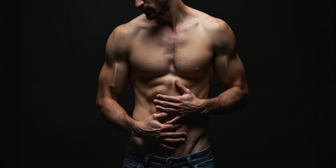 Fit man with muscular torso poses shirtless against dark studio background. Close up photo shows male model. Strong body, hands on stomach. Attractive male. Man with toned physique. Studio shot in