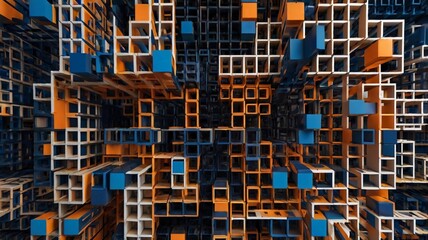 Abstract 3D Illustration Showcasing Intricate Square Patterns, abstract illustration, intricate square patterns, artistic, contemporary, modern, digital art, visual art. blue orange black and white
