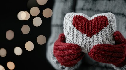 Fototapeta premium Winter hands hold knitted heart, bokeh lights