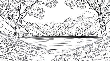 Mountain lake landscape, spring flowers, coloring book page