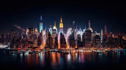 Night Cityscape with Bright Skyscrapers and Reflection