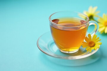 Fototapeta premium Delicate glass cup and saucer on a light blue surface, cup, tea, calendula