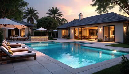 Fototapeta premium Tranquil luxury resort at dusk. Sparkling pool surrounded by travertine pavers. Plush poolside cabanas with comfortable seating. Modern outdoor kitchen with stone grill. Relaxing atmosphere. Inviting