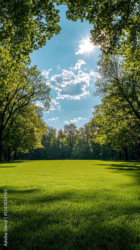 Poster bright spring sunlight shines down on a perfectly manicured lawn surrounded by vibrant trees. soft c