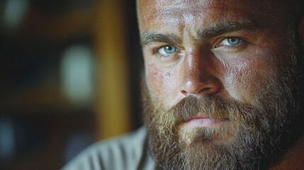 Close-up portrait of a rugged man with a beard and intense gaze.