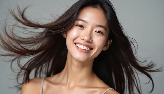 Young Asian woman with long dark hair smiling. Hair flowing in motion against white background. Healthy skin, beautiful smile. Glamourous model. Beauty ad. Trendy product. Hair care. Cosmetic product