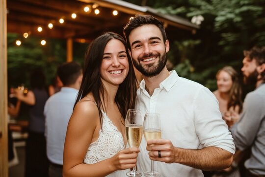 A cheerful couple celebrating their engagement with champagne toasts and friends