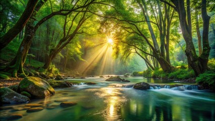 Peaceful woodland scene: A flowing river reflects the serene forest, creating a tranquil landscape.