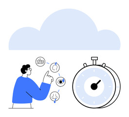 Man points at sensory icons eye, ear, nose near stopwatch under a cloud shape. Ideal for concepts thumbs up cloud technology, data storage, time management, creativity, innovation, user experience