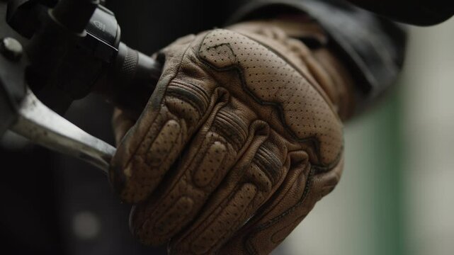 A biker guy sits on a motorcycle during the day, he is wearing brown leather gloves and a black leather jacket, he takes the steering wheel, squeezes the clutch lever and puts his hand back