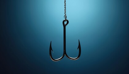 Double-ended fishing hook hangs against dark blue background. Sharp metal hook is isolated. Fishing gear. Fishing equipment. Tool for recreational sport. Close up. Macro shot.