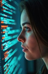 Closeup profile of young woman focused on glowing source code on computer screen. AI interaction with code concept. Tech developer examines algorithms. Data analysis, training process. Modern