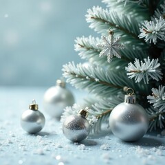 Glittering silver and white glass balls scattered around a frosted white Christmas tree, trees, frosty, white
