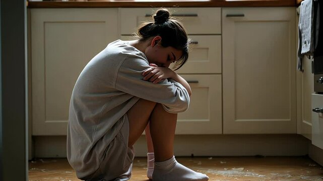 woman sitting on the floor and crying, post-holiday depression