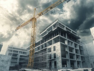 Tower Crane Building Construction Under Stormy Sky Architecture Development Project Site Urban Scene