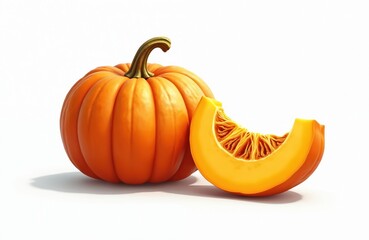 Ripe pumpkin whole, slice on transparent backdrop. Fresh produce. Healthy food. Vibrant colors. Autumn harvest. Single piece. Organic ingredient for culinary art. Decorative object. Ideal for cooking