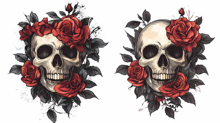 Fototapeta premium Skull tattoo with blooming roses on isolated white background detailed line art and shading depicting beauty and mortality. Symbolic Rebirth. Illustration