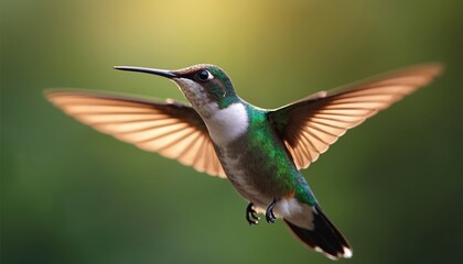 Fototapeta premium Small hummingbird in flight against soft green background. Detailed view of wings, iridescent feathers. Bird hovering feeding. Beautiful vibrant colors. Nature photo. Wildlife image exotic animal.
