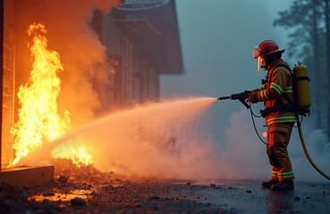 Obraz premium Firefighter extinguishes blaze. High pressure water stream fights burning materials. Emergency personnel work at disaster site. Strong protective equipment, brave actions. Urgent situation is visible.