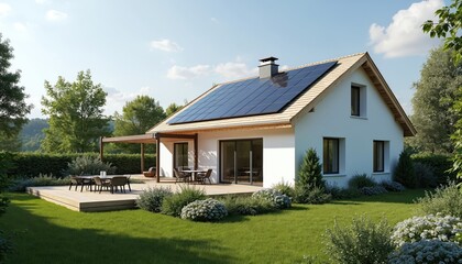 Fototapeta premium Modern single-family house with eco-friendly solar panels on roof. Landscaped garden with patio, lawn. Exterior view of new home with porch. Stylish design. Residential property with beautiful green