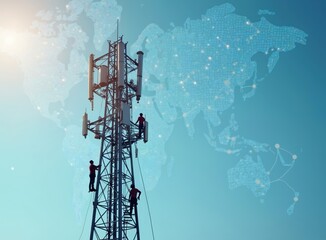 Technicians maintain 5G-6G antenna tower. Workers climb tower for telecommunication system repair. Global connectivity illustrated by world map. Modern wireless tech concept. Cellular antenna service