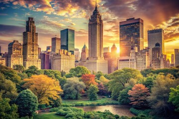 Retro photograph: Central Park's tranquil embrace amidst a vibrant NYC skyline.