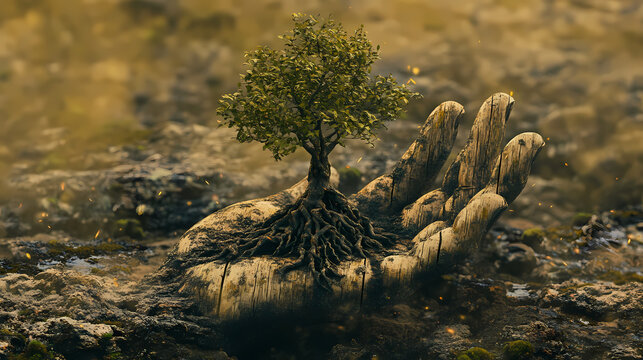 The resilient growth of nature: a small tree emerging from the hand of a wooden puppet symbolizing rebirth. Symbolic Rebirth. Illustration