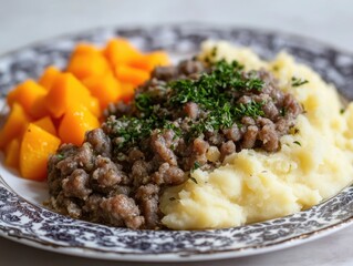 Traditional Scottish Haggis Meal with Neeps and Tatties Close Up