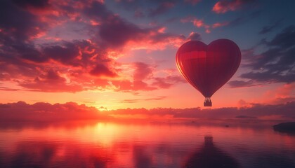 Fototapeta premium A heart-shaped hot air balloon floats over calm water during a vibrant sunset