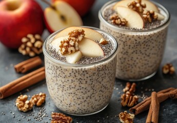 Fototapeta premium Creamy Chia Pudding with Fresh Apple Slices and Walnuts Surrounded by Cinnamon Sticks and Red Apples on Dark Background