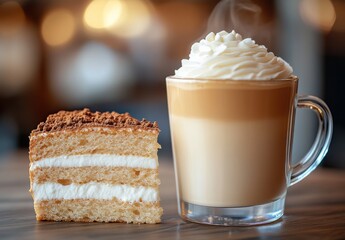 Creamy dessert with layered cake slice and latte topped with whipped cream, perfect for coffee lovers and sweet treat enthusiasts in a cozy caf&eacute; setting