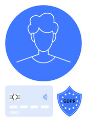 User silhouette inside blue circle, contactless payment card, shield with GDPR label. Ideal for digital privacy, identity protection, data security, compliance, cybersecurity, fintech abstract line