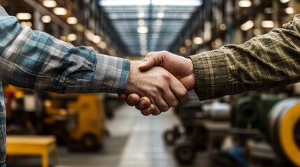 Two men shaking hands in a warehouse setting, symbolizing partnership and teamwork.