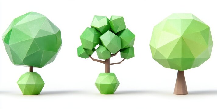 Three stylized, polygonal trees in light green shades, set against a plain white background, simple shapes and colors, low poly style, illustration