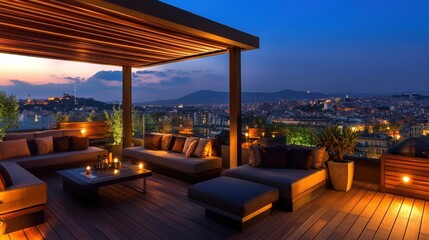 Fototapeta premium Luxury Rooftop Terrace with Panoramic City View at Dusk.