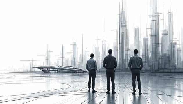 Three architects stand looking at futuristic city sketch. Modern building shown in foreground. City designed in abstract style, showing creative futuristic vision. Team contemplating concept for