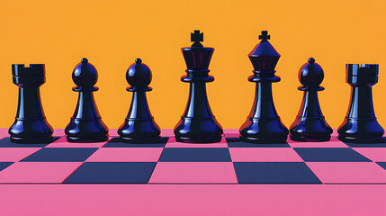 Colorful chess pieces lined up for a game.