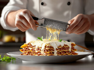  a chef grating cheese for a lasagna