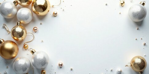 Obraz premium Ornate gold and silver ornaments scattered on a frosty white background, white, ornaments, silver