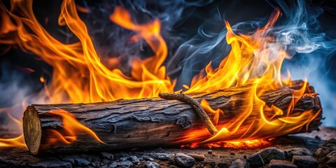 Rule of thirds guides the eye to the crackling campfire; orange and yellow flames illuminate burning wood, smoke rising against a dark backdrop.