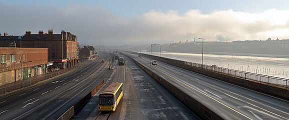 Naklejka premium City bus on highway by river, foggy morning