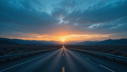 Fototapeta premium Scenic Highway at Sunset Open Road Mountain Landscape Dramatic Sky